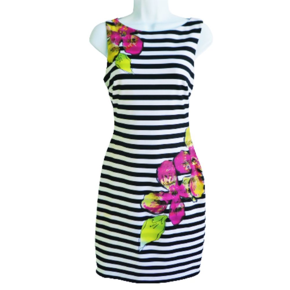 Cache USA Floral Striped Tank Dress Light Scuba Body Con Back Zip Sheath Stretch
